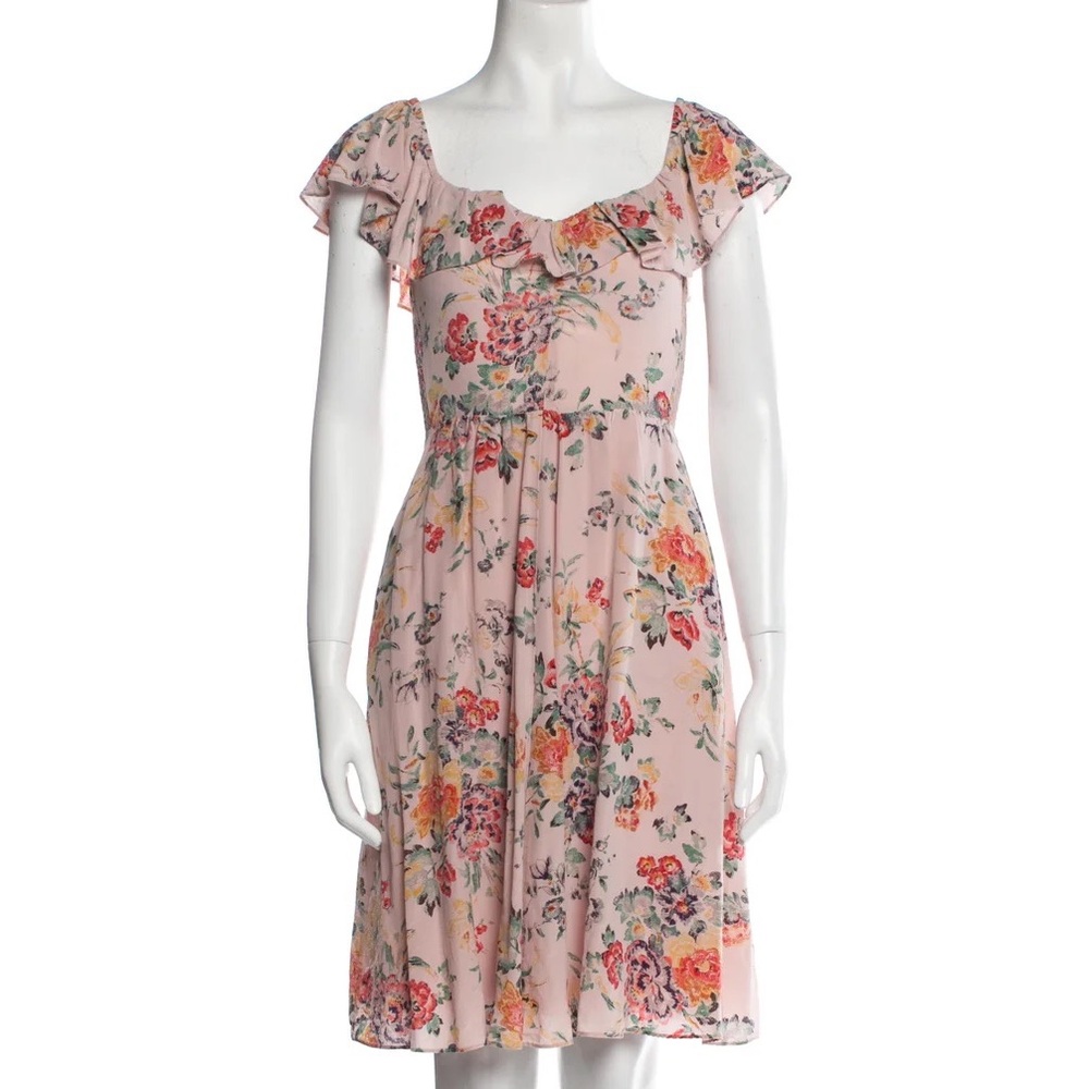 Rebecca Taylor Silk Knee-Length Pink Floral Ruffle Dress